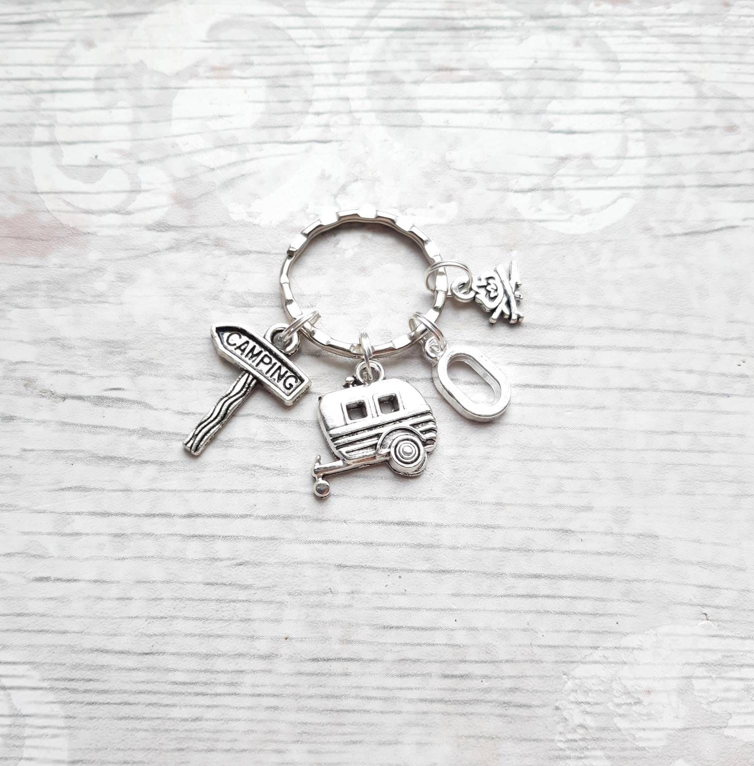 Camping trip keyring, camper van keychain, caravan gift, campfire present, family holiday keepsake