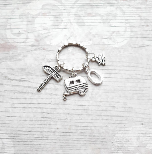 Camping trip keyring, camper van keychain, caravan gift, campfire present, family holiday keepsake