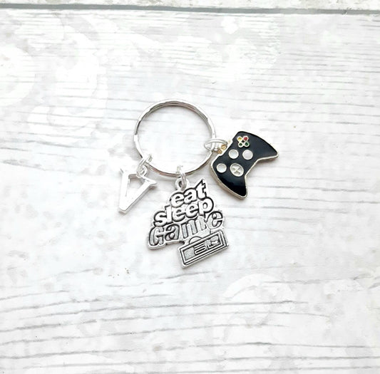 Gaming keyring, eat sleep and game keychain, game controller gift, teenage boy present, gamer gift, key accessory