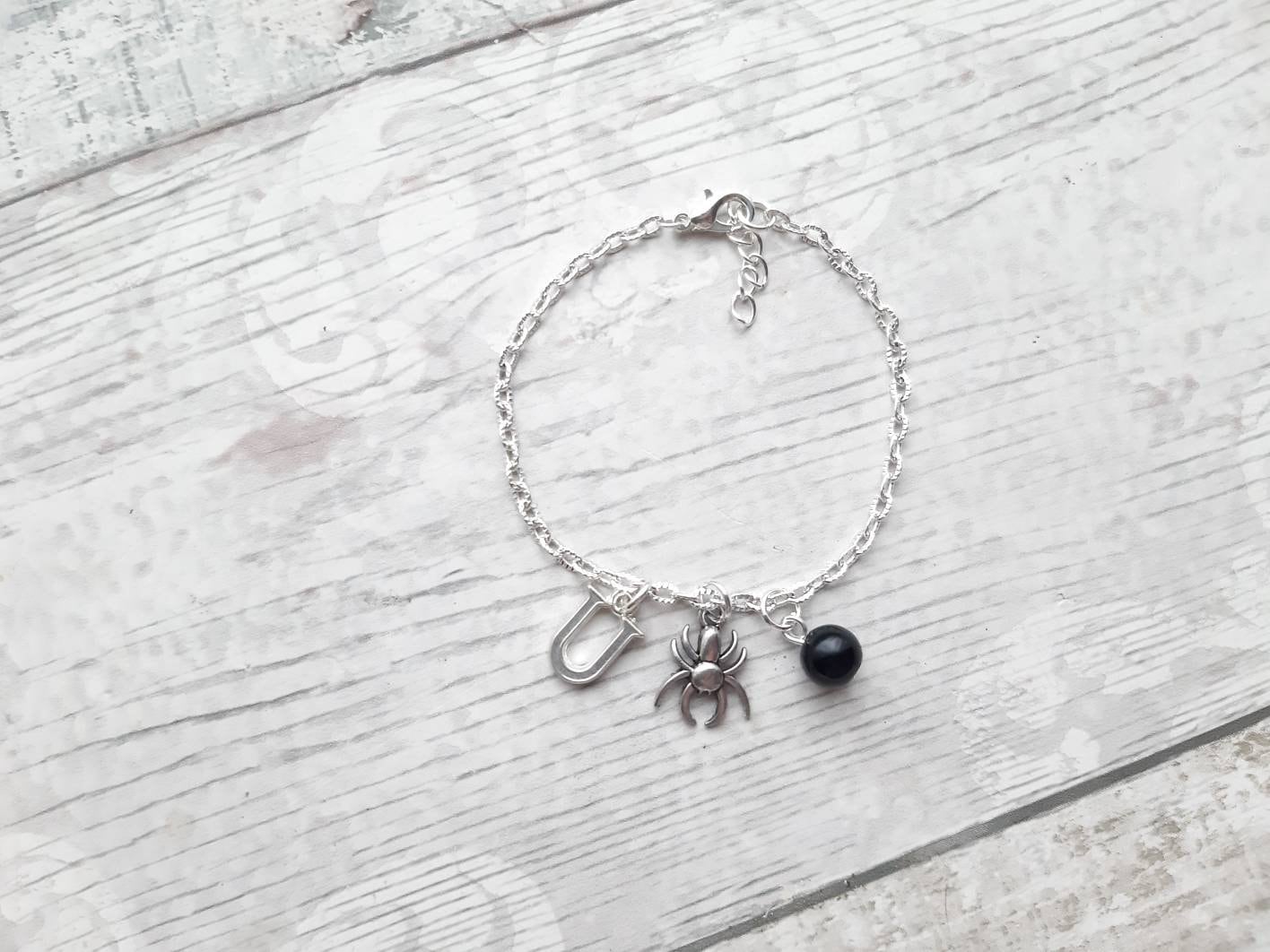Spider bracelet, halloween jewellery, personalised initial braceler