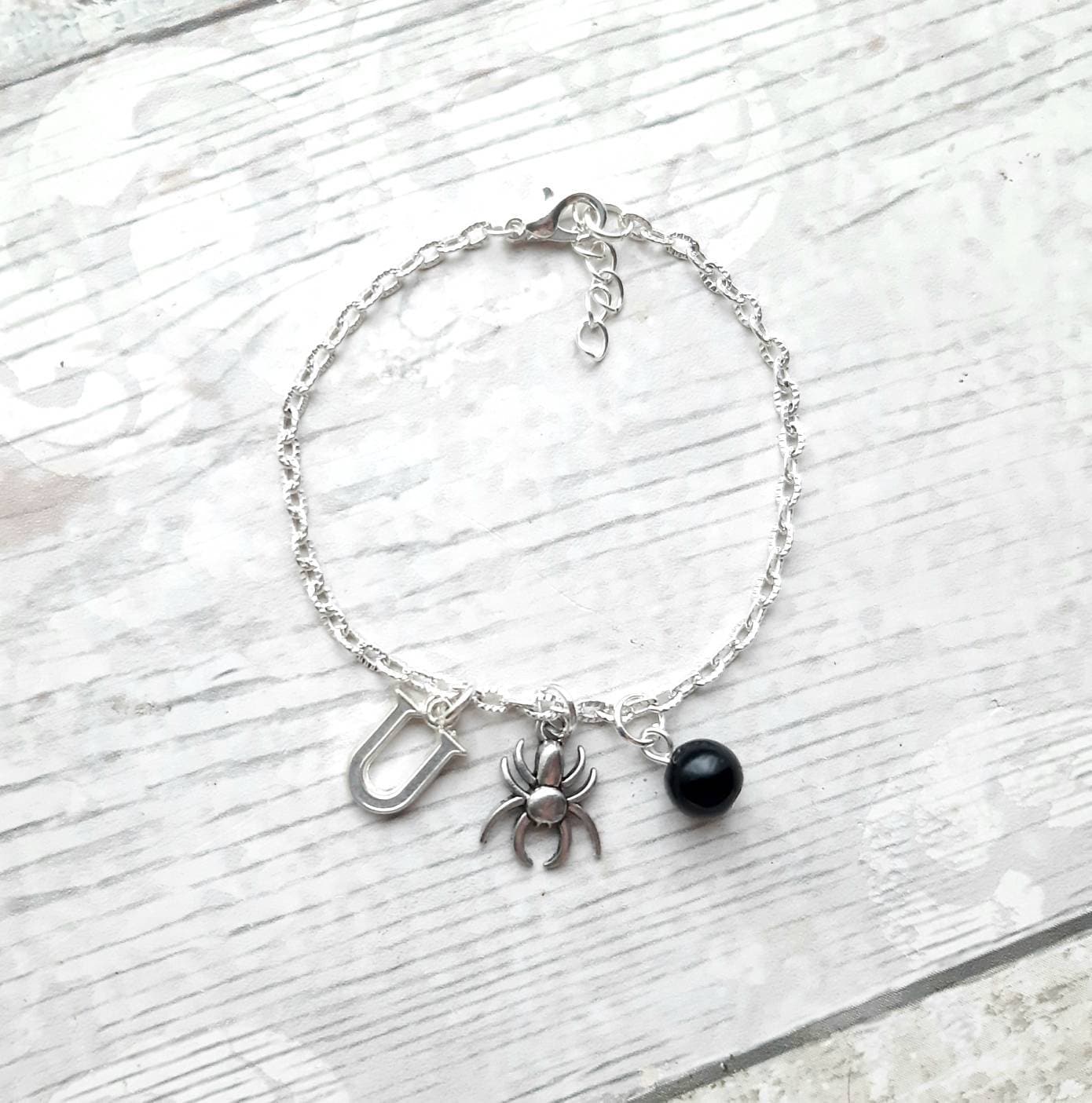 Spider bracelet, halloween jewellery, personalised initial braceler