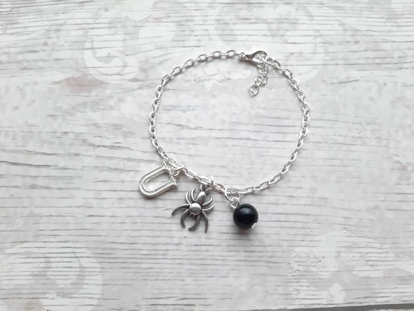 Spider bracelet, halloween jewellery, personalised initial braceler