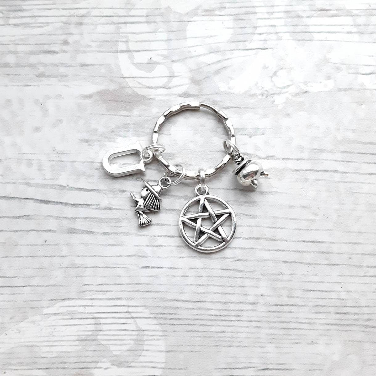 Witch keyring, pentagram keychain, spooky halloween gift, initial keyring, personalised gift, cauldron keyring, wicca present