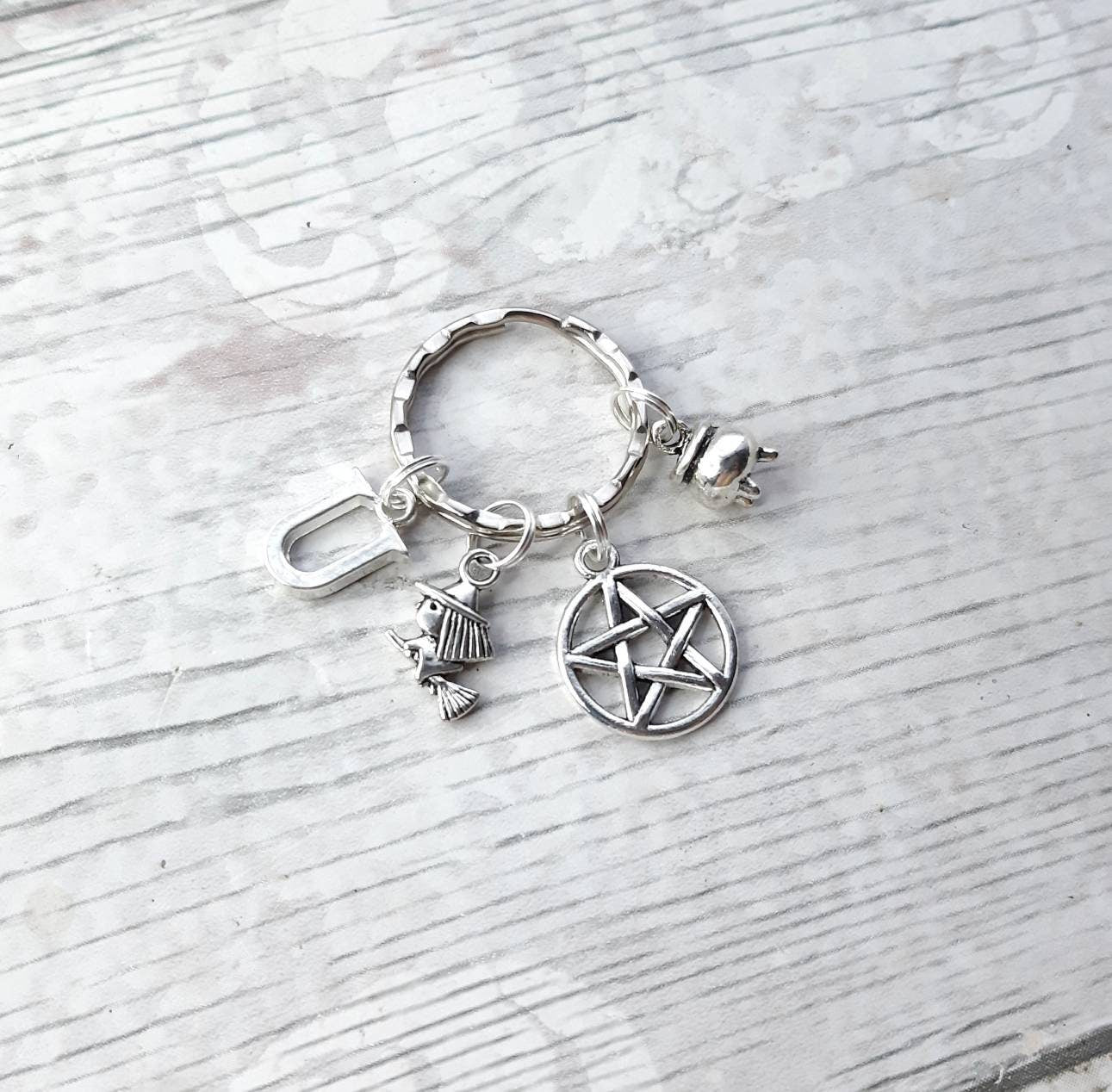 Witch keyring, pentagram keychain, spooky halloween gift, initial keyring, personalised gift, cauldron keyring, wicca present