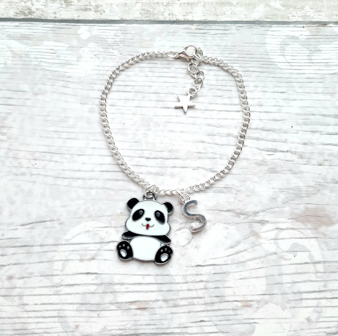 panda bracelet, personalised jewellery, personalized initial jewelry, animal bracelet, cute bear gift, panda lover present, mothers day