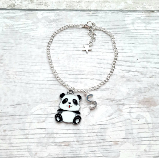 panda bracelet, personalised jewellery, personalized initial jewelry, animal bracelet, cute bear gift, panda lover present, mothers day