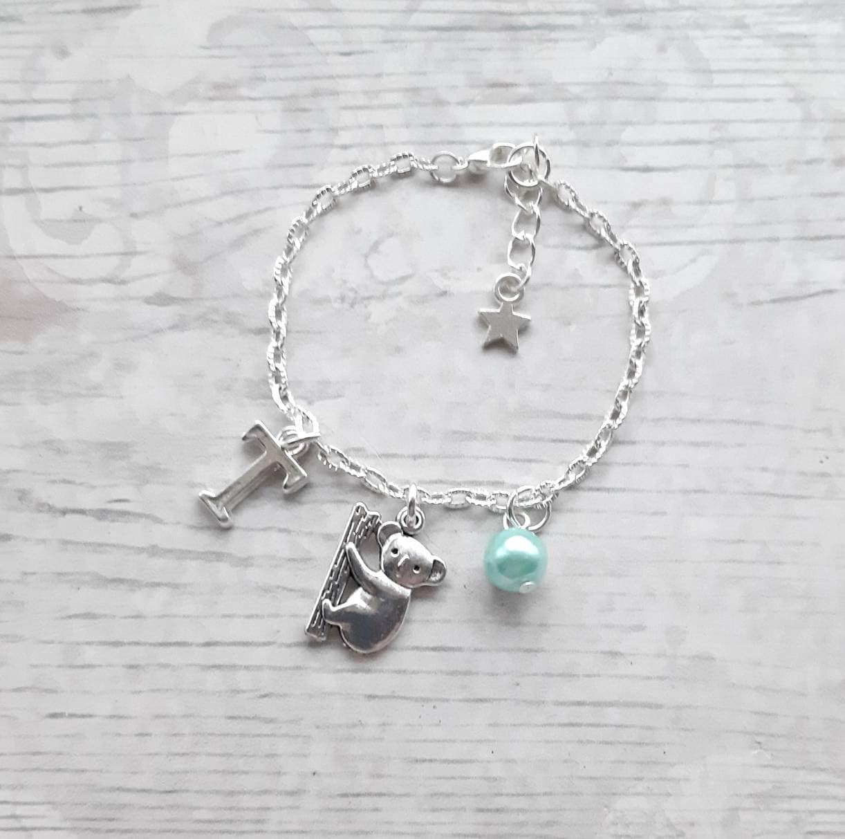 Koala bear bracelet, initial bracelet, personalised Australian jewellery, zoo animal lover, cute quirky present