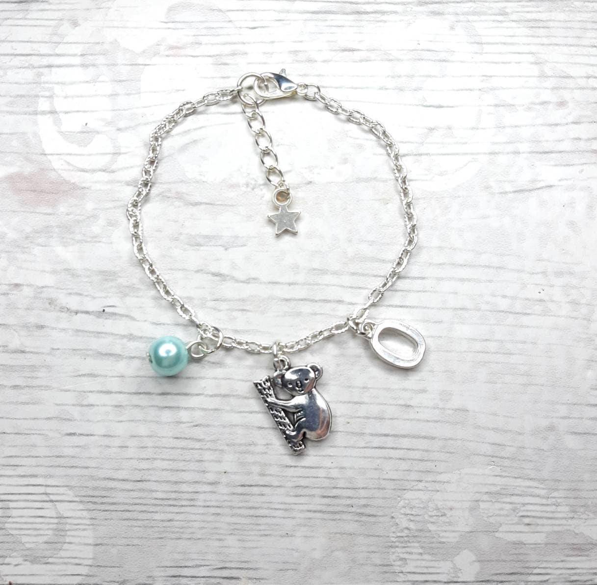 Koala bear bracelet, initial bracelet, personalised Australian jewellery, zoo animal lover, cute quirky present