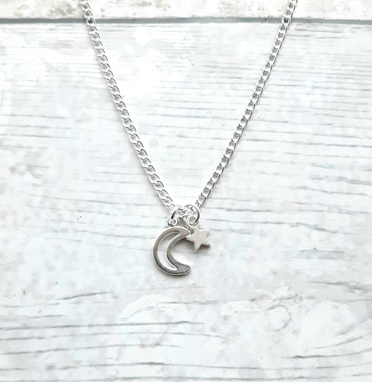 Moon and stars necklace, night time jewellery, celestial necklace, space jewelry, crescent moon chain, astronomy present, wiccan gift