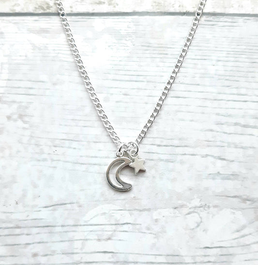 Moon and stars necklace, night time jewellery, celestial necklace, space jewelry, crescent moon chain, astronomy present, wiccan gift