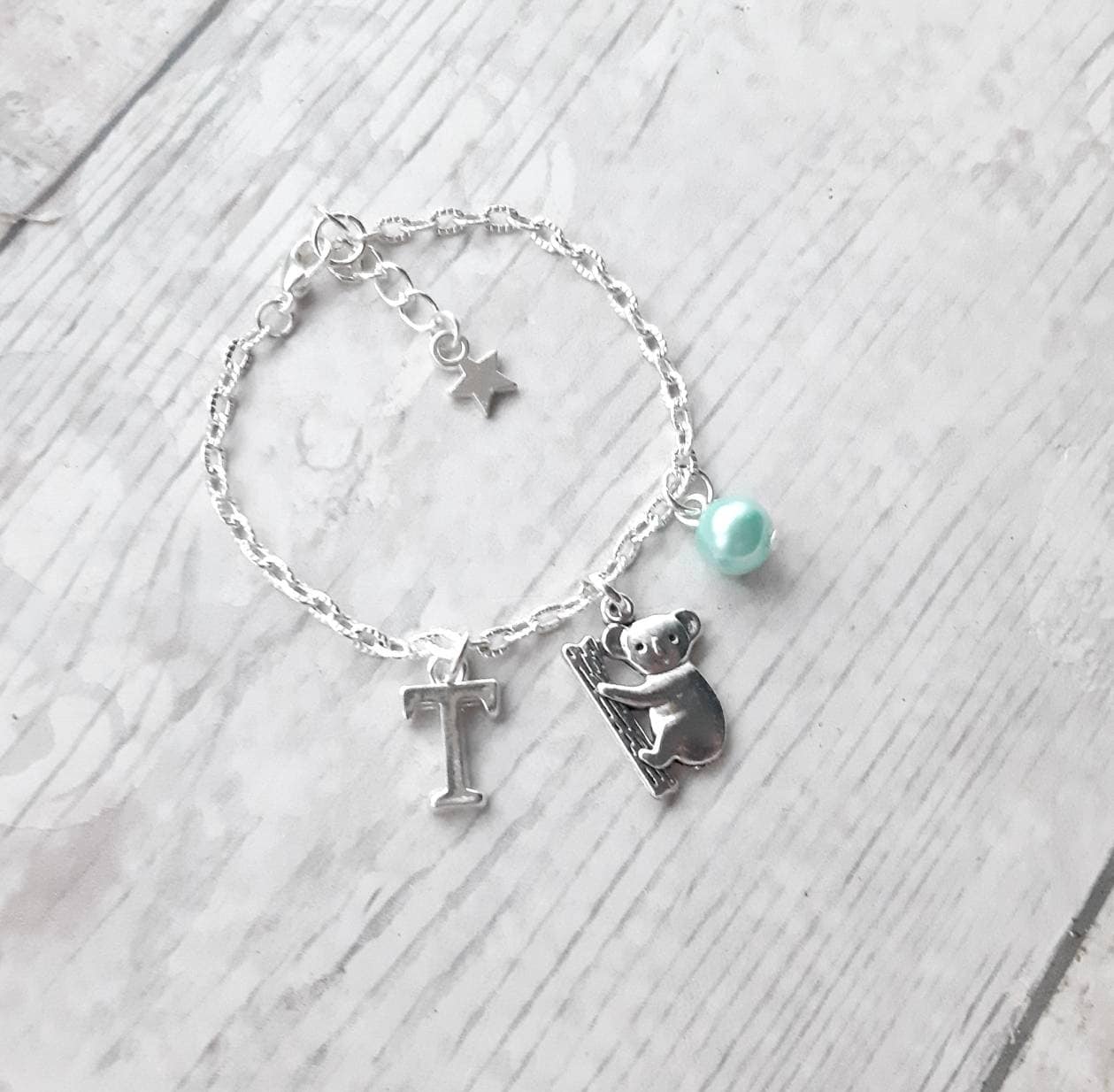 Koala bear bracelet, initial bracelet, personalised Australian jewellery, zoo animal lover, cute quirky present