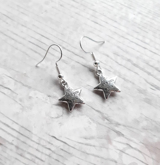 Love you engraved earrings, star earrings, valentines day jewellery, gift for wife, birthday present, stars jewellery