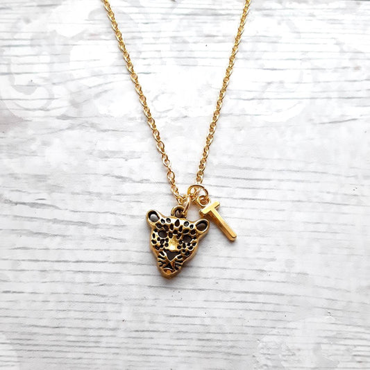 leopard necklace, cheetah necklace, cat jewellery, animal lover present, panther gift, personalised initial necklace