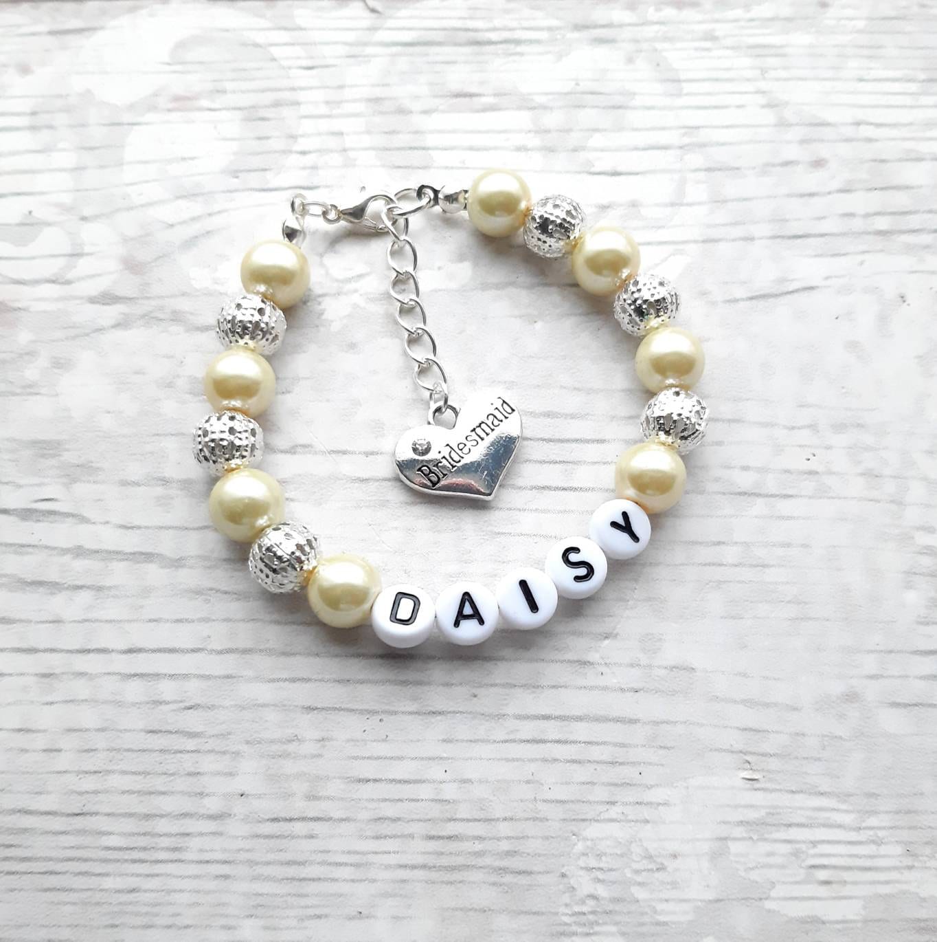 flower girl bracelet, bridesmaid bracelet, name wedding bracelet, personalised jewellery, maid of honour gift, thankyou present