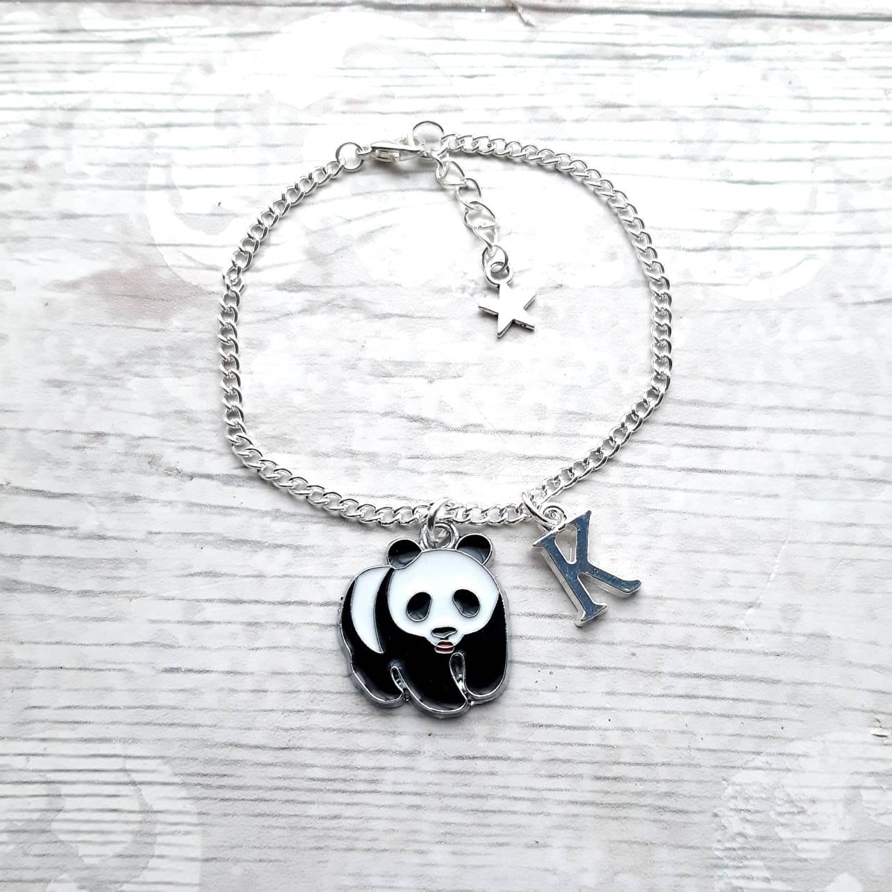 panda bracelet, personalised jewellery, personalized initial jewelry, animal bracelet, cute bear gift, panda lover present, mothers day