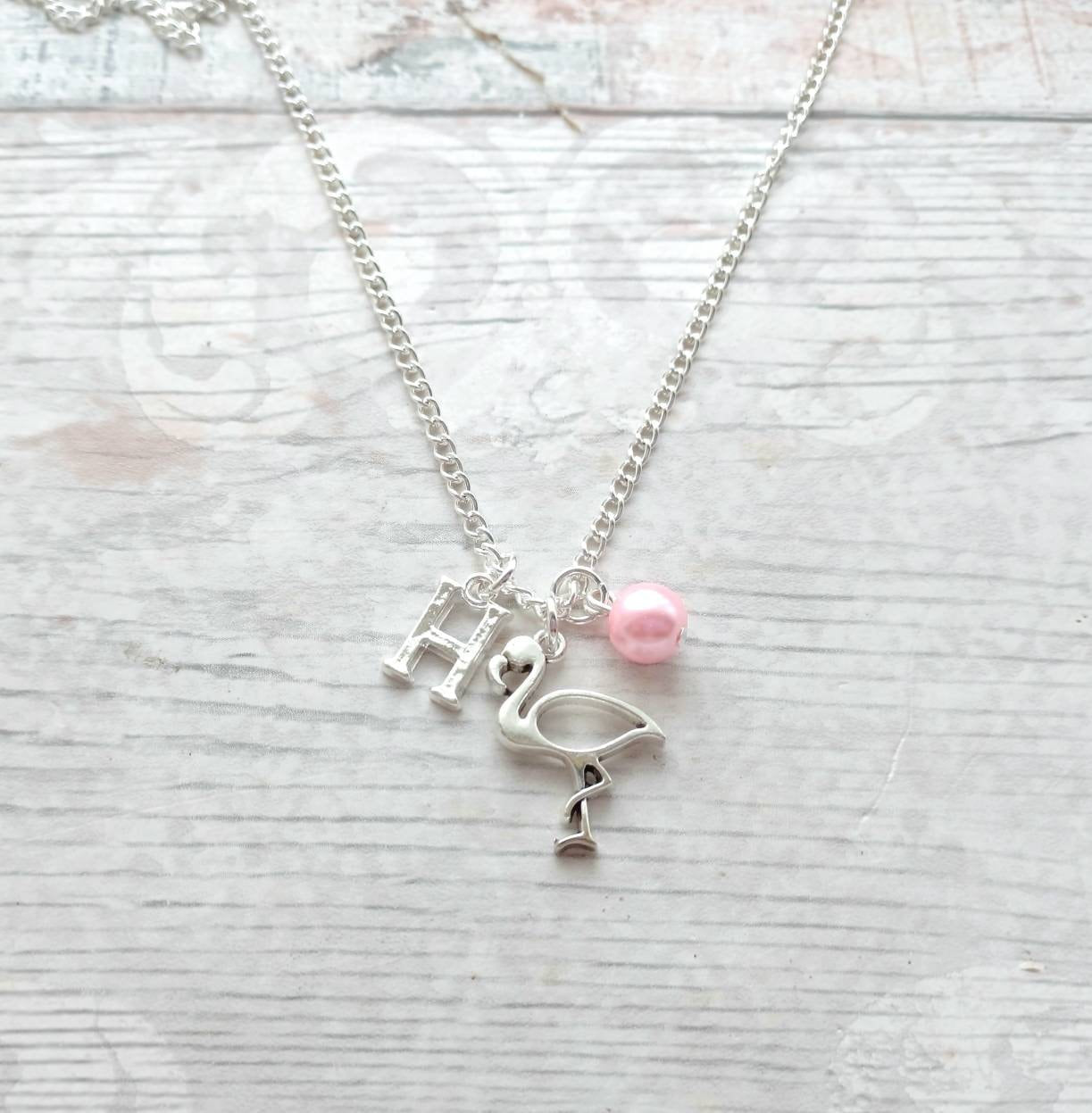 Flamingo necklace, personalised initial jewellery, tropical bird jewelry, summer accessory, animal lover present, gifts for girls