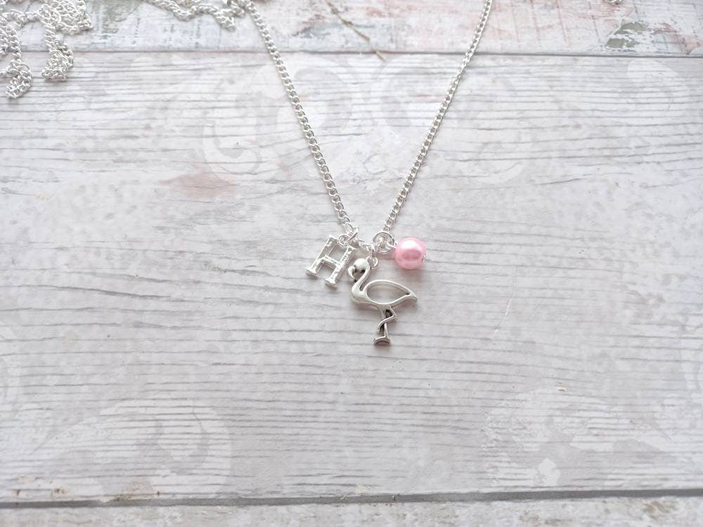 Flamingo necklace, personalised initial jewellery, tropical bird jewelry, summer accessory, animal lover present, gifts for girls