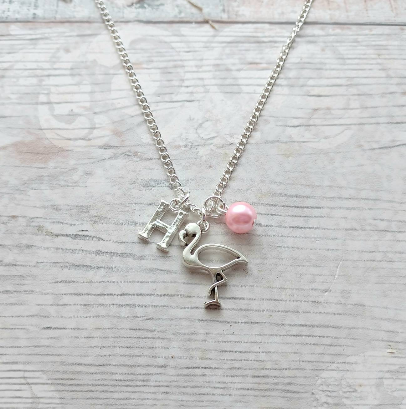 Flamingo necklace, personalised initial jewellery, tropical bird jewelry, summer accessory, animal lover present, gifts for girls