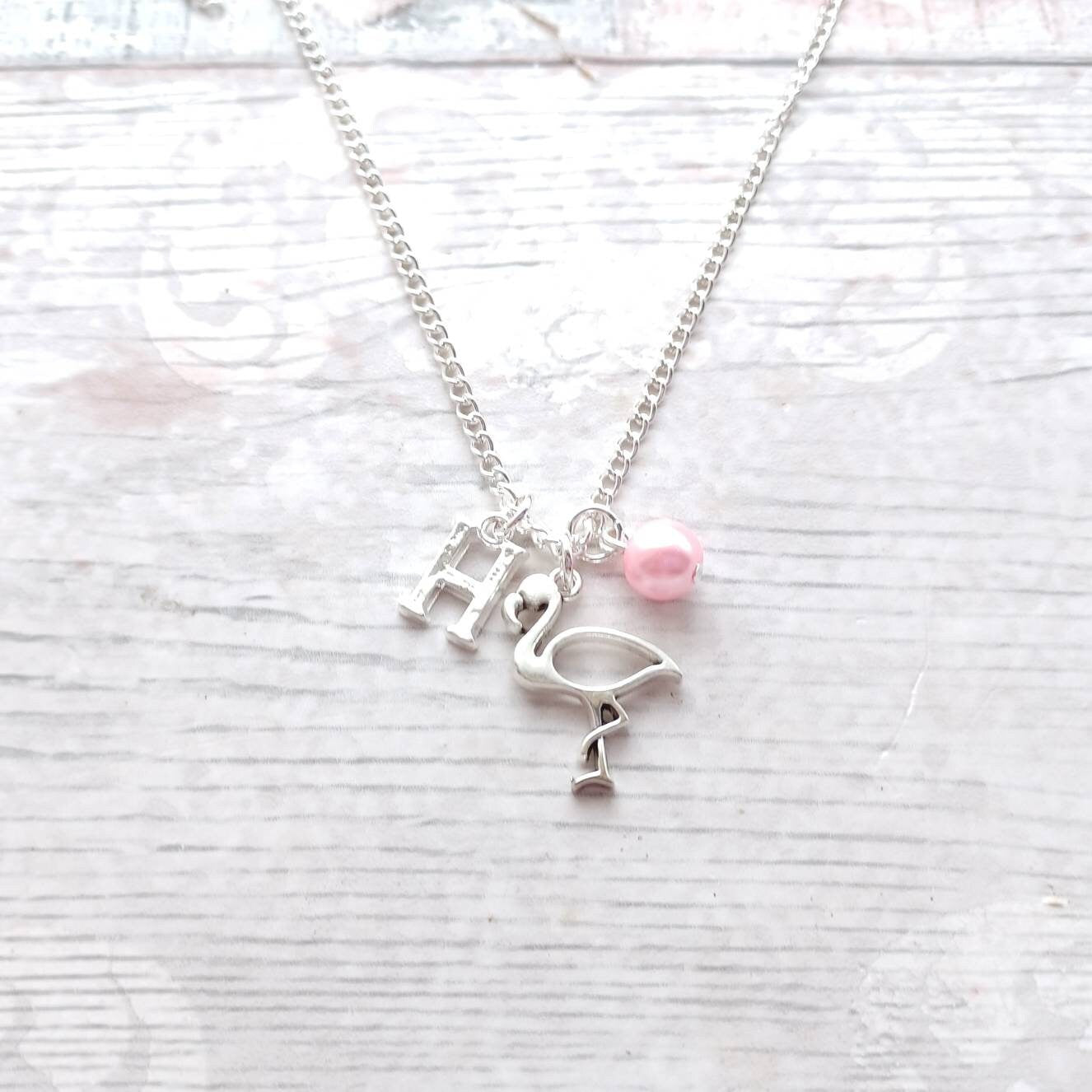 Flamingo necklace, personalised initial jewellery, tropical bird jewelry, summer accessory, animal lover present, gifts for girls