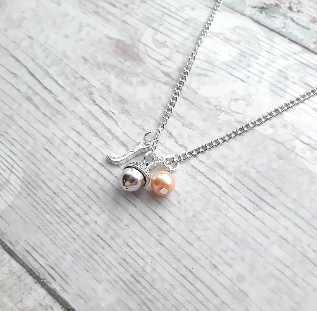 Acorn necklace, woodland jewellery, Autumn gift, personalised initial necklace, birthday present,