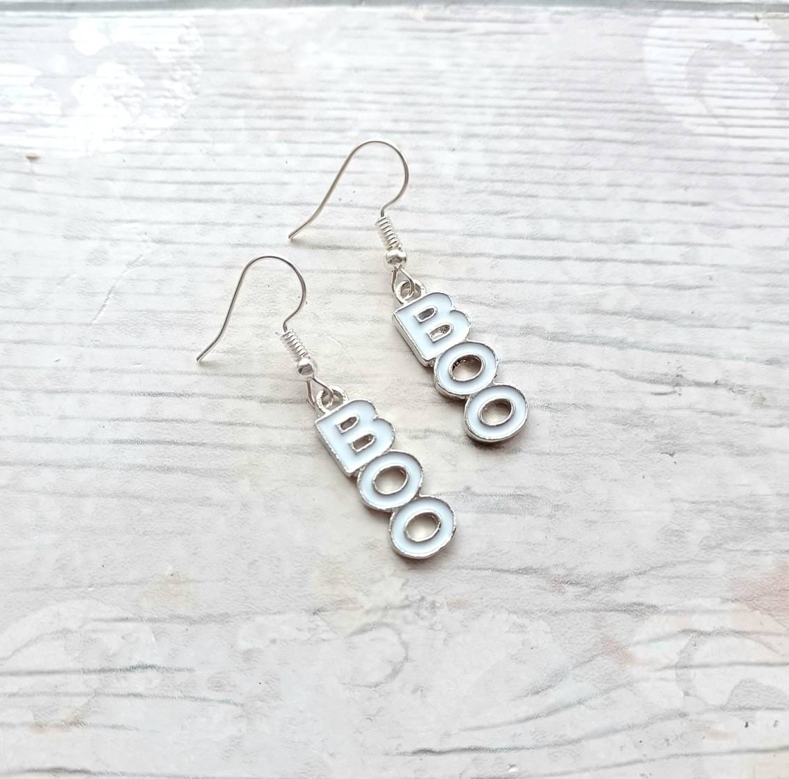 Boo earrings, Spooky ghost earrings, halloween jewellery, goth gift, scary costume earrings, fall earrings, pagan present