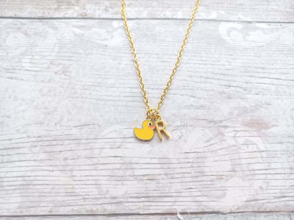 Duck necklace, rubber duckie jewellery, bird lover, personalised initial necklace, cute birthday present, gifts for her