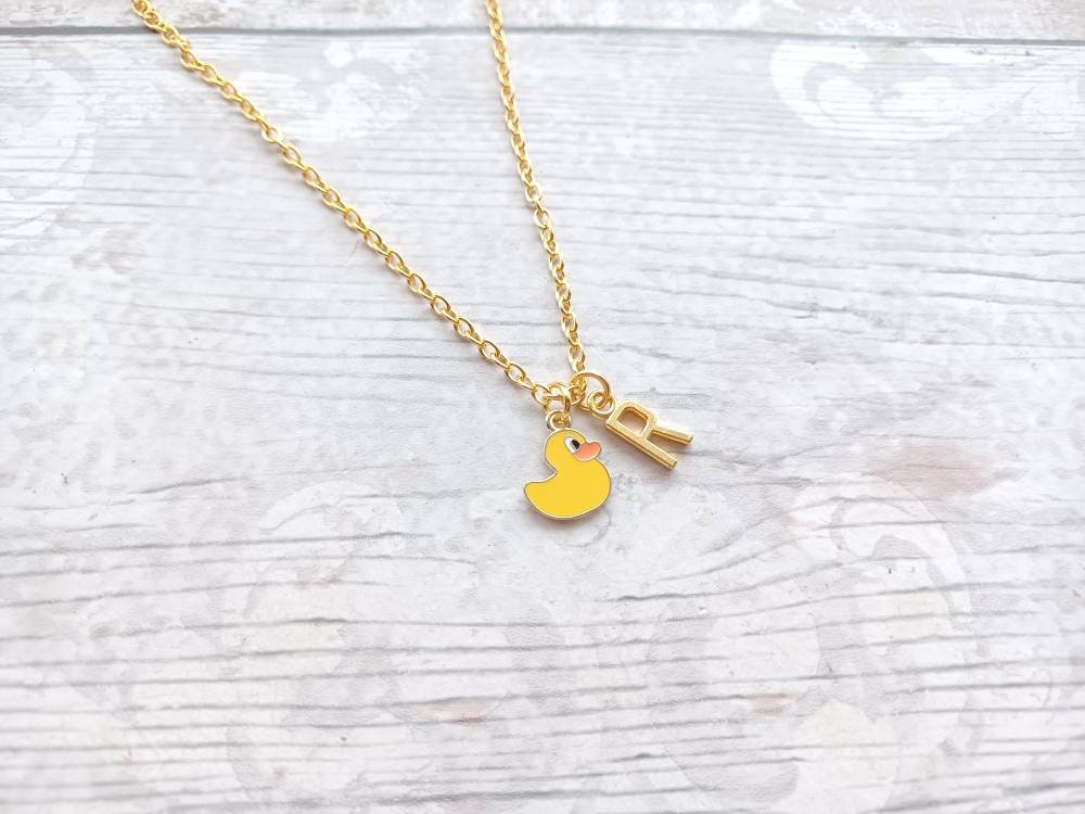 Duck necklace, rubber duckie jewellery, bird lover, personalised initial necklace, cute birthday present, gifts for her