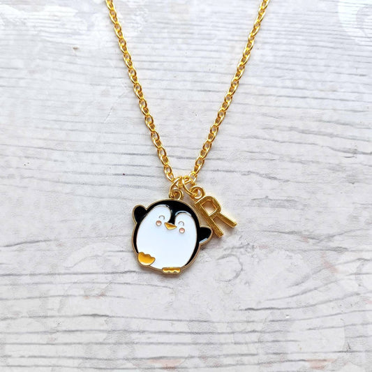 Penguin necklace, festive Christmas jewellery, animal lover gift, presents for girls, personalised initial jewellery