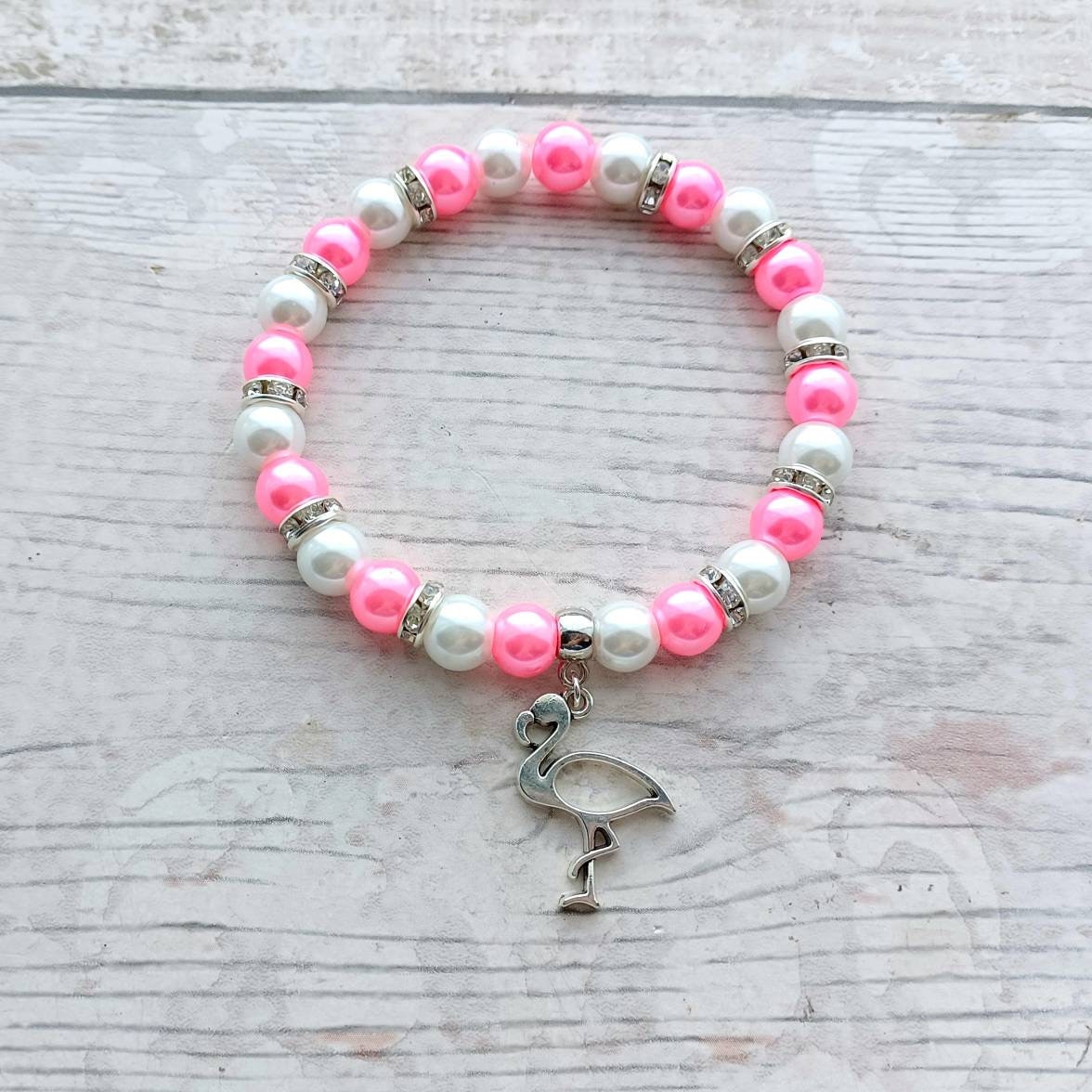 flamingo bracelet, tropical bird jewellery, summer accessory, funky gift for girls, animal lover, beaded bracelet