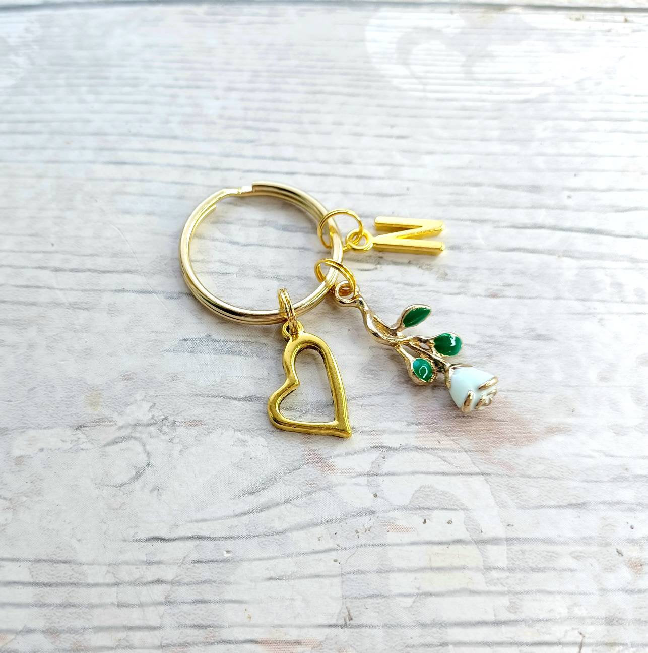 Rose initial keyring, Heart keychain, valentines day gift, flower present,I love you anniversary momento, gift for wife
