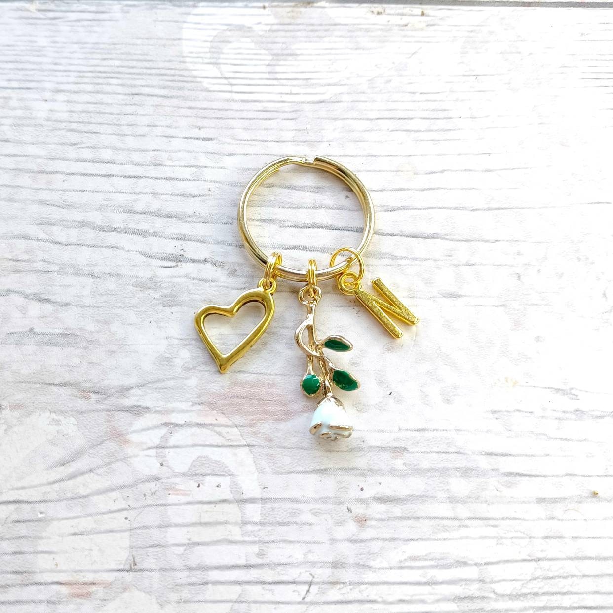 Rose initial keyring, Heart keychain, valentines day gift, flower present,I love you anniversary momento, gift for wife