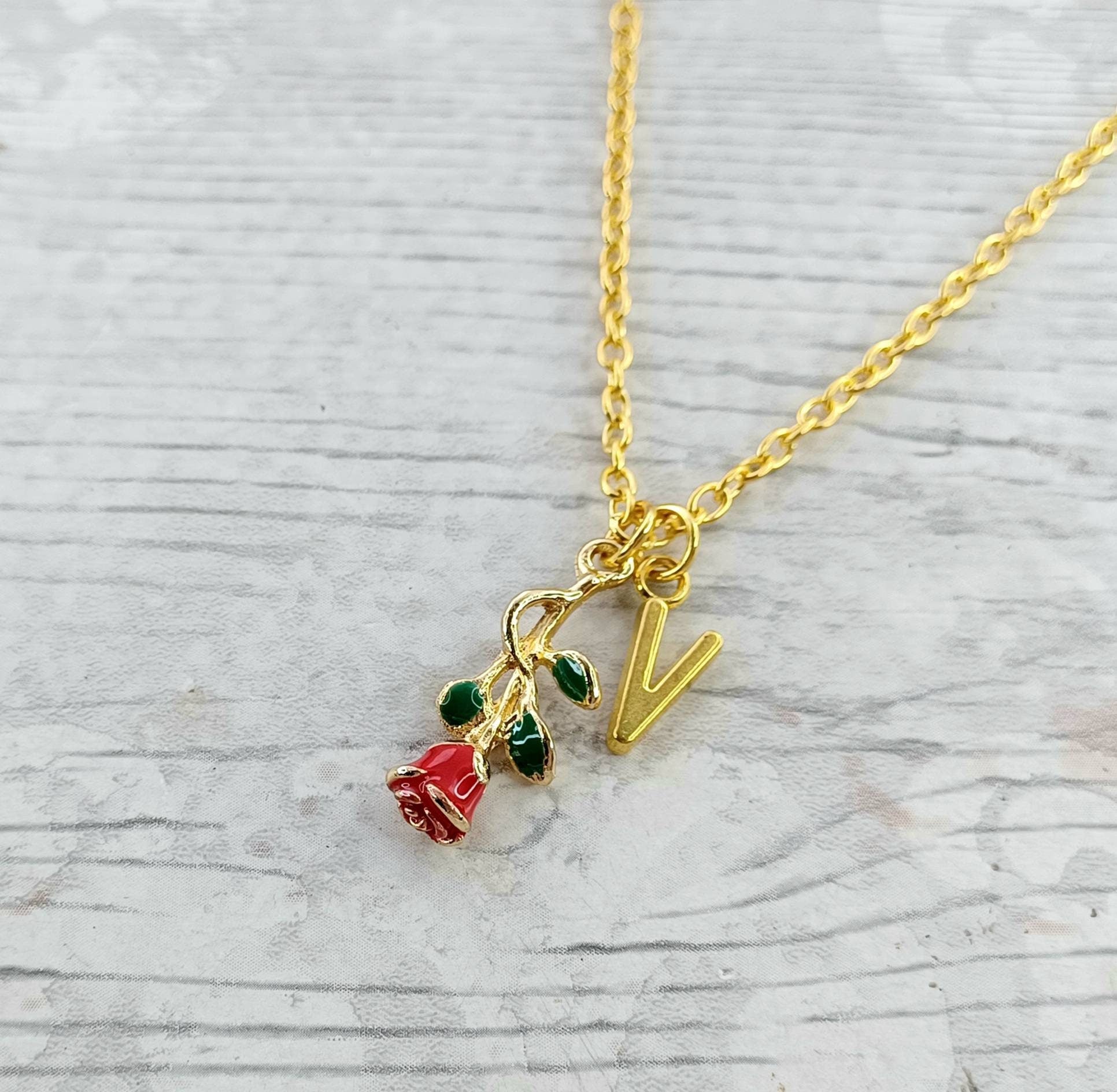 Rose necklace, personalised initial jewellery, valentines day gift, anniversary present, flower girl wedding jewellery, gifts for wife
