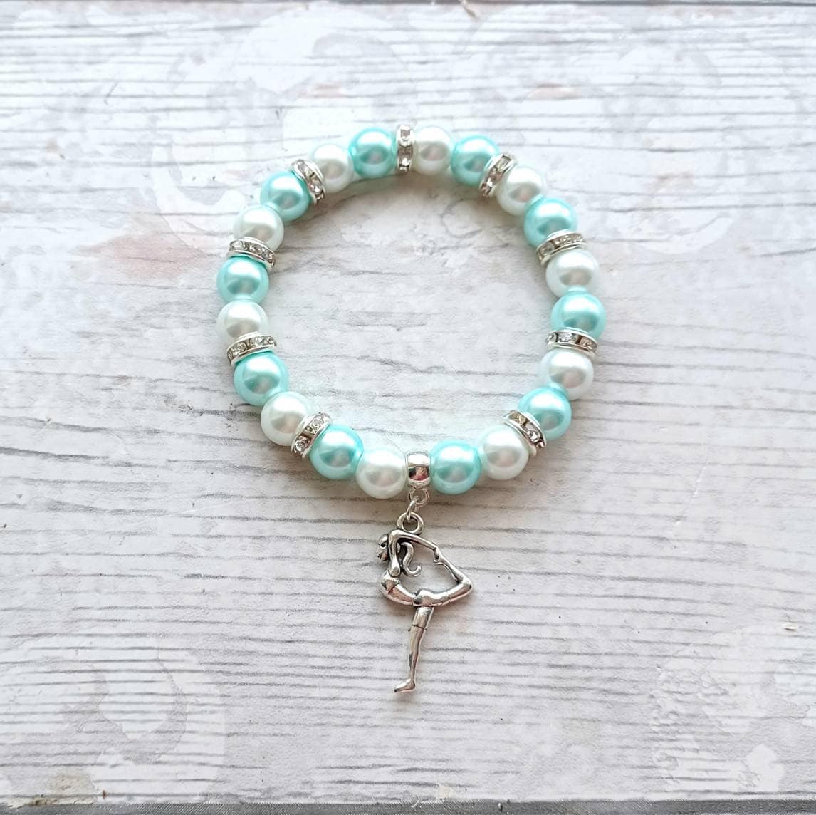 gymnastic bracelet, gymnast jewellery, sports team jewelry, graduation present, gift for girls, friendship bracelet, charm beaded bracelet