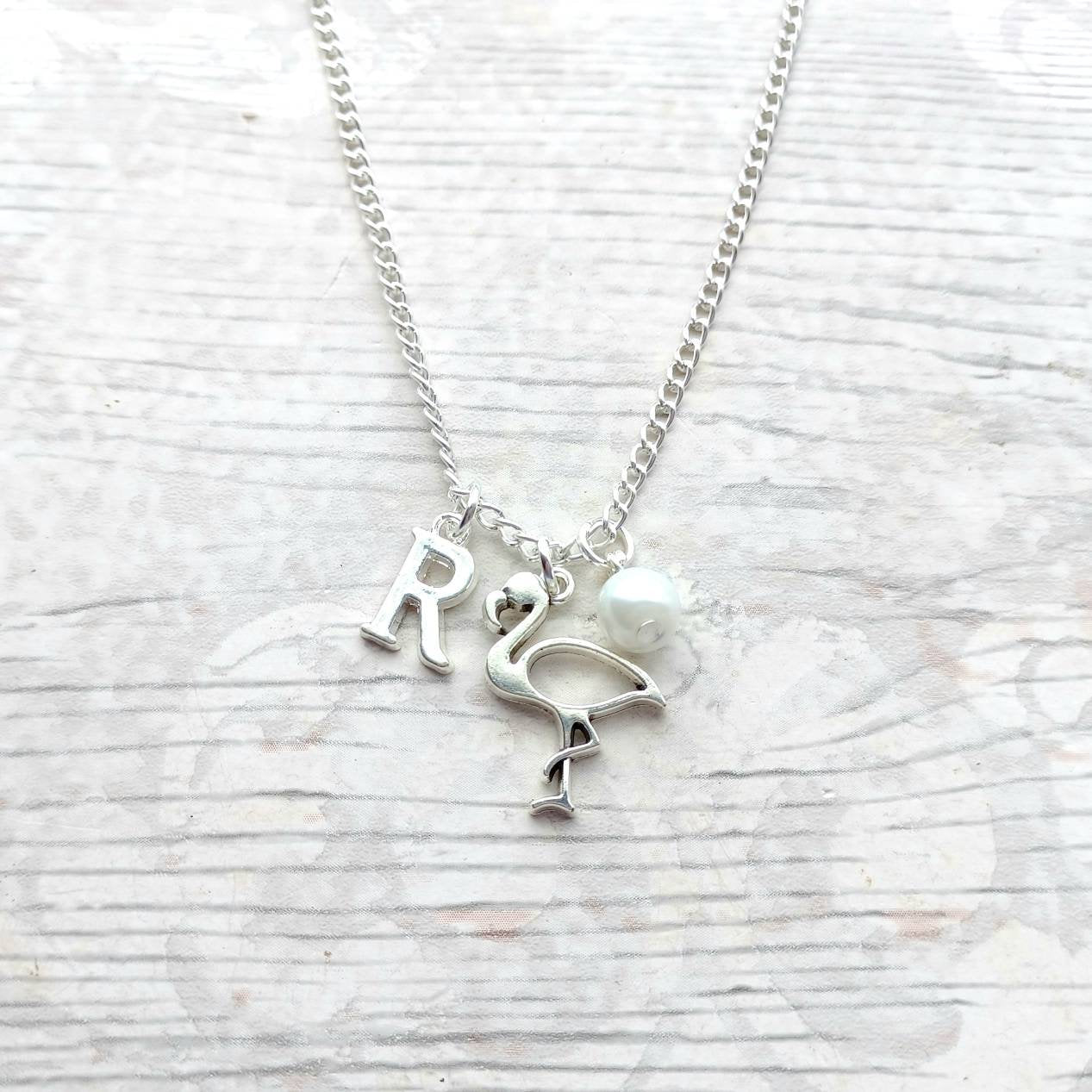Flamingo necklace, personalised initial jewellery, tropical bird jewelry, summer accessory, animal lover present, gifts for girls