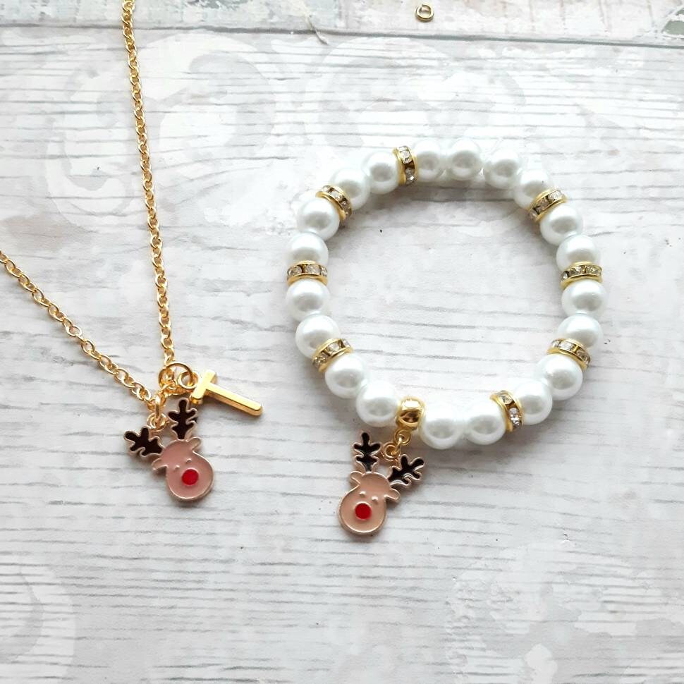 Rudolph bracelet, reindeer bracelet, Christmas jewellery, festive holiday jewelry, beaded stretch bracelet, stocking stuffer