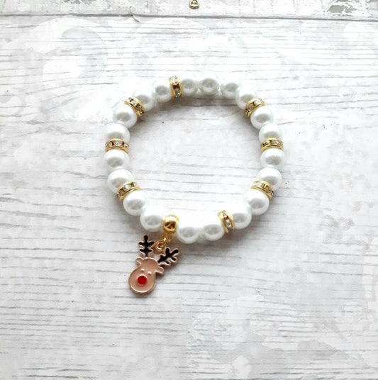 Rudolph bracelet, reindeer bracelet, Christmas jewellery, festive holiday jewelry, beaded stretch bracelet, stocking stuffer