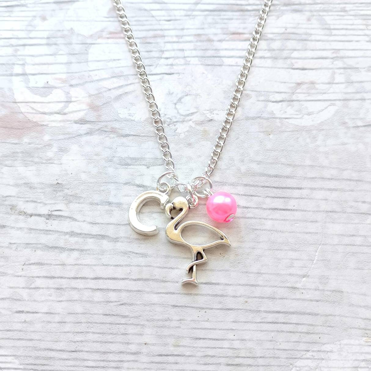 Flamingo necklace, personalised initial jewellery, tropical bird jewelry, summer accessory, animal lover present, gifts for girls
