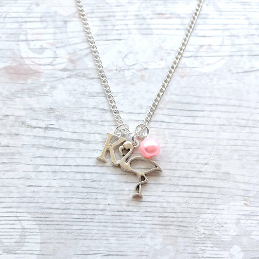 Flamingo necklace, personalised initial jewellery, tropical bird jewelry, summer accessory, animal lover present, gifts for girls