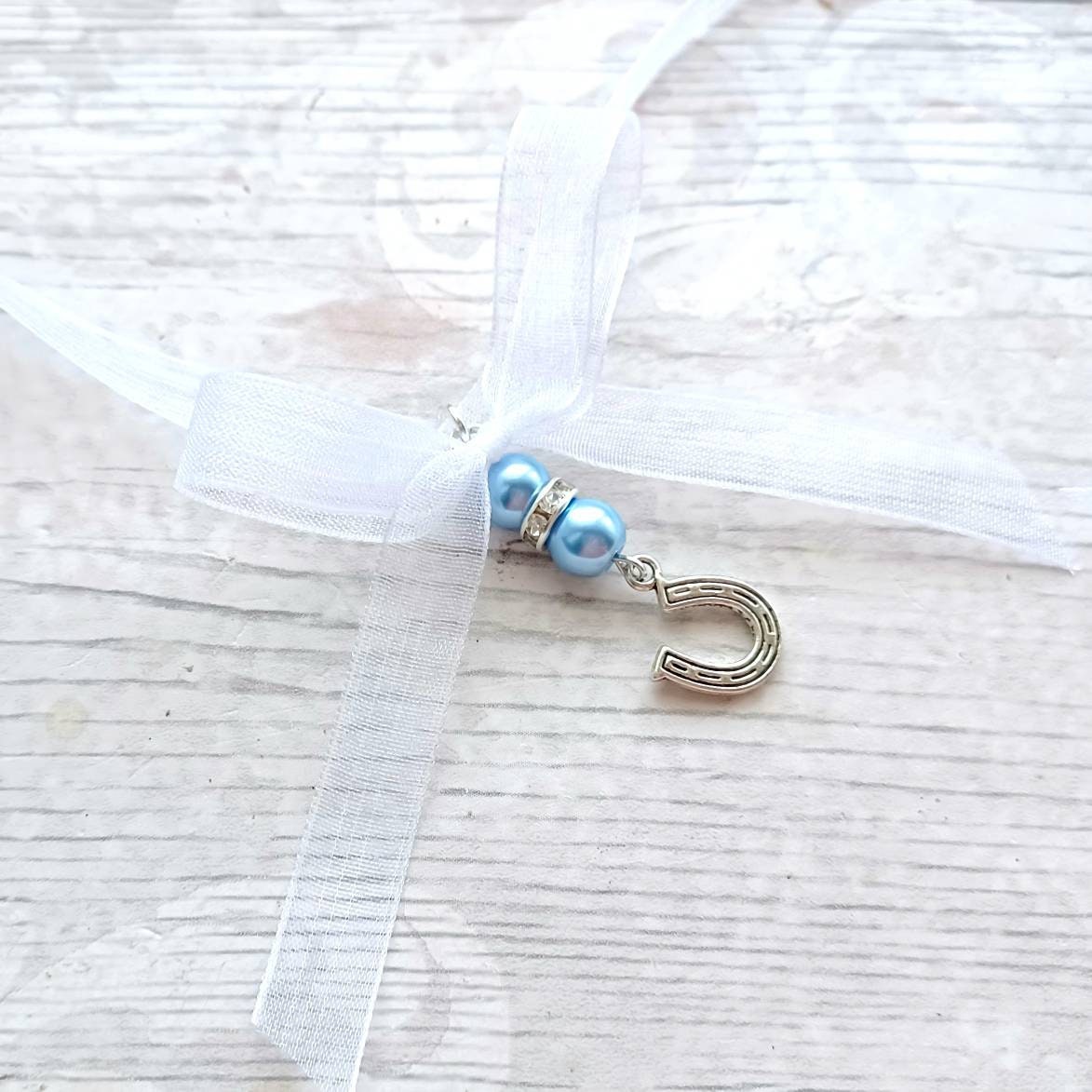 Something blue bouquet charm, horseshoe charm for wedding flowers, good luck charm, bridal flower charm