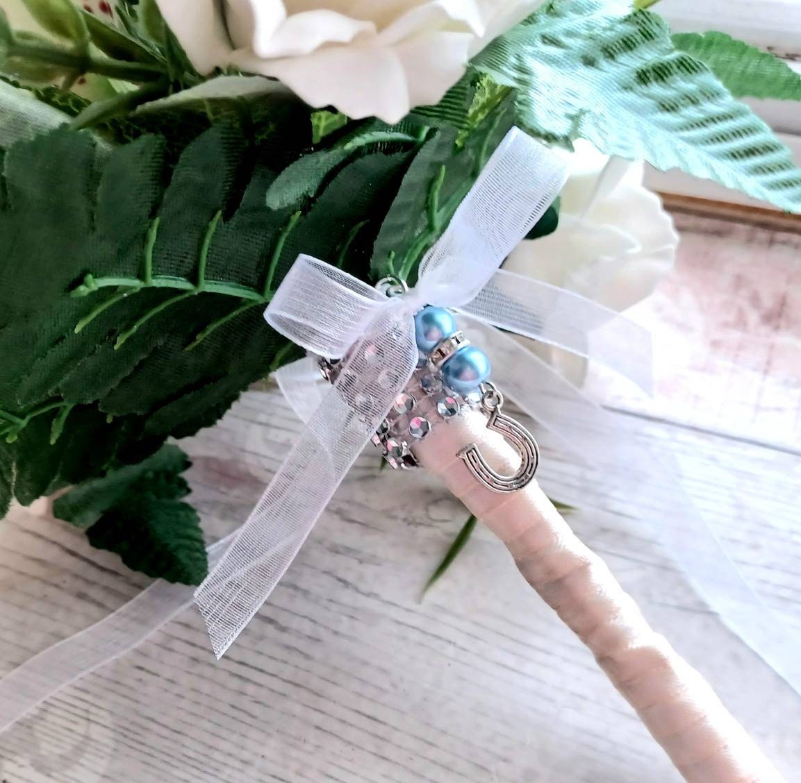 Something blue bouquet charm, horseshoe charm for wedding flowers, good luck charm, bridal flower charm