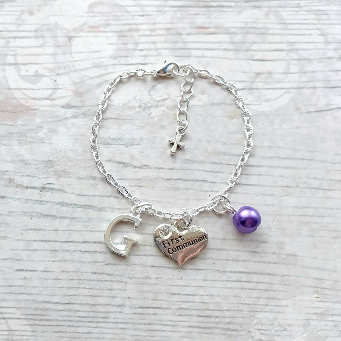 First communion bracelet, holy communion jewelry, initial gift, thankyou jewellery, personalised charm bracelet, religious jewellery