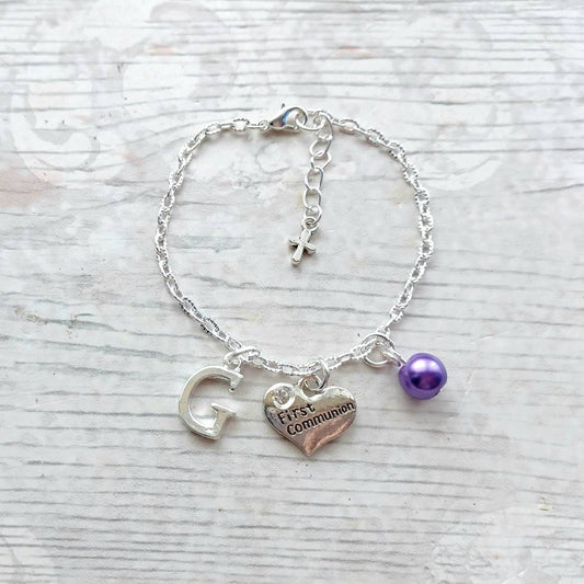 First communion bracelet, holy communion jewelry, initial gift, thankyou jewellery, personalised charm bracelet, religious jewellery