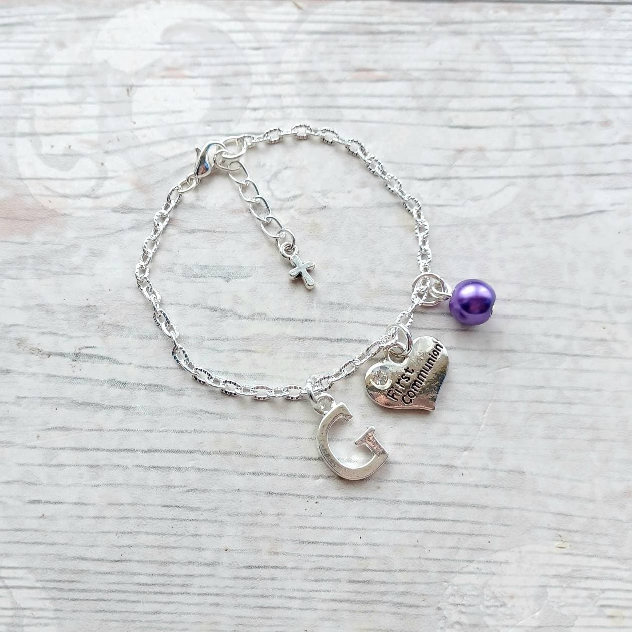 First communion bracelet, holy communion jewelry, initial gift, thankyou jewellery, personalised charm bracelet, religious jewellery