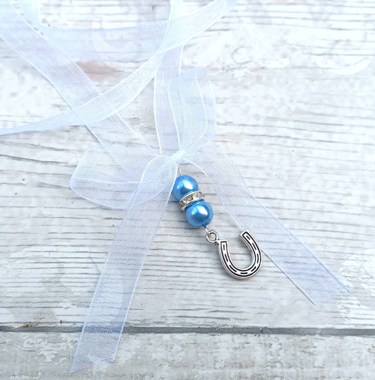 Something blue bouquet charm, horseshoe charm for wedding flowers, good luck charm, bridal flower charm