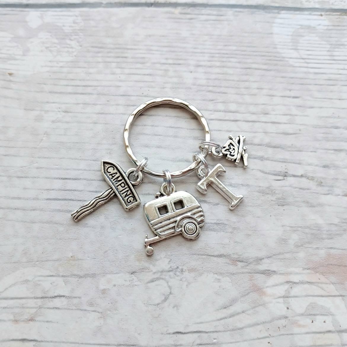 Camping trip keyring, camper van keychain, caravan gift, campfire present, family holiday keepsake