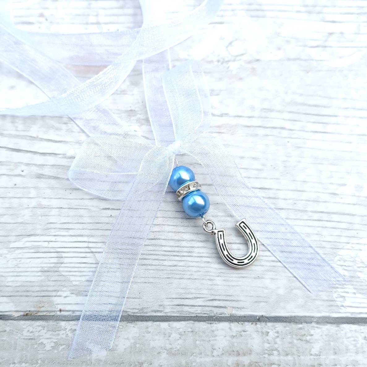 Something blue bouquet charm, horseshoe charm for wedding flowers, good luck charm, bridal flower charm