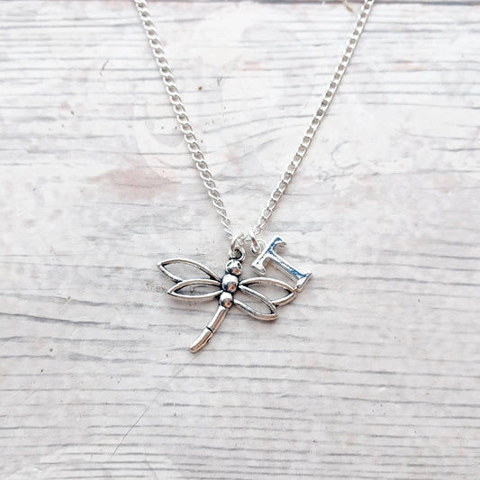 Dragonfly necklace, forest jewellery, personalised initial present, insect gift, bug jewelry, cute gifts for girls