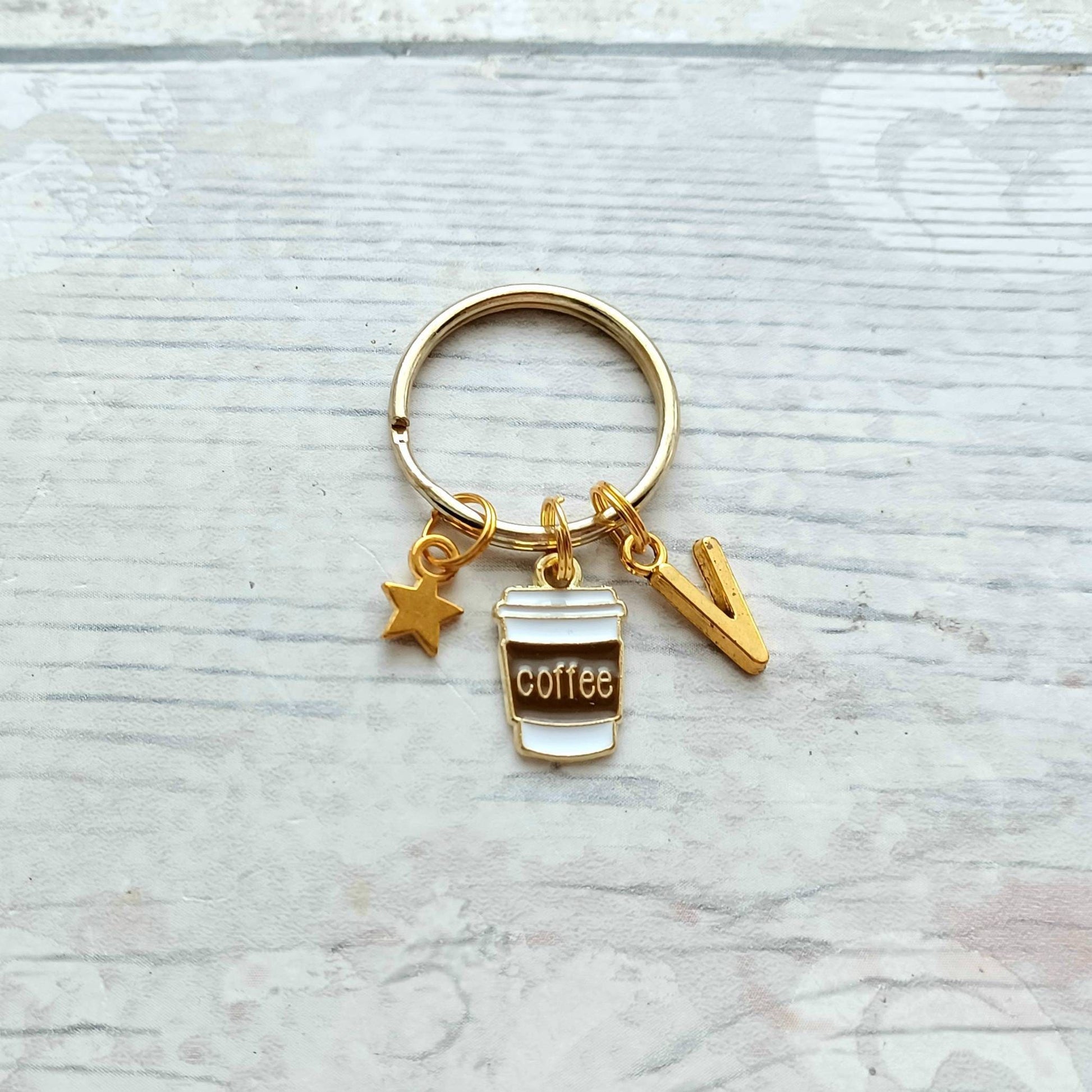 Coffee keyring, caffeine lover gift, coffee addict, personalised initial keychain, gift for her, espresso present, morning person present