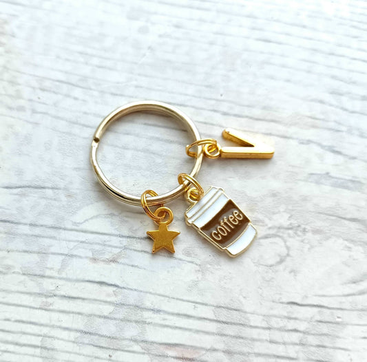 Coffee keyring, caffeine lover gift, coffee addict, personalised initial keychain, gift for her, espresso present, morning person present