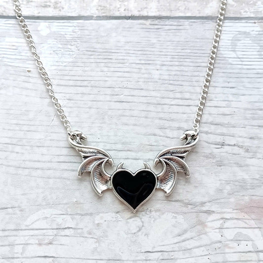 Winged heart necklace, devil heart with horns necklace, halloween jewellery, gothic jewellery, steampunk present, gifts for her